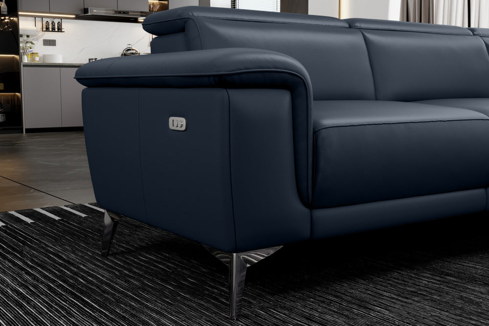 Valencia Pista Modern Top Grain Leather Reclining Sectional Sofa with Right-Hand Facing Chaise, Blue