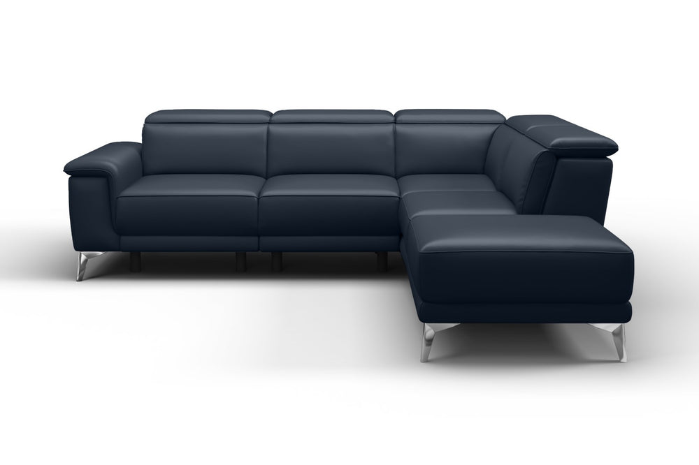 Valencia Pista Modern Top Grain Leather Reclining Sectional Sofa with Right-Hand Facing Chaise, Blue