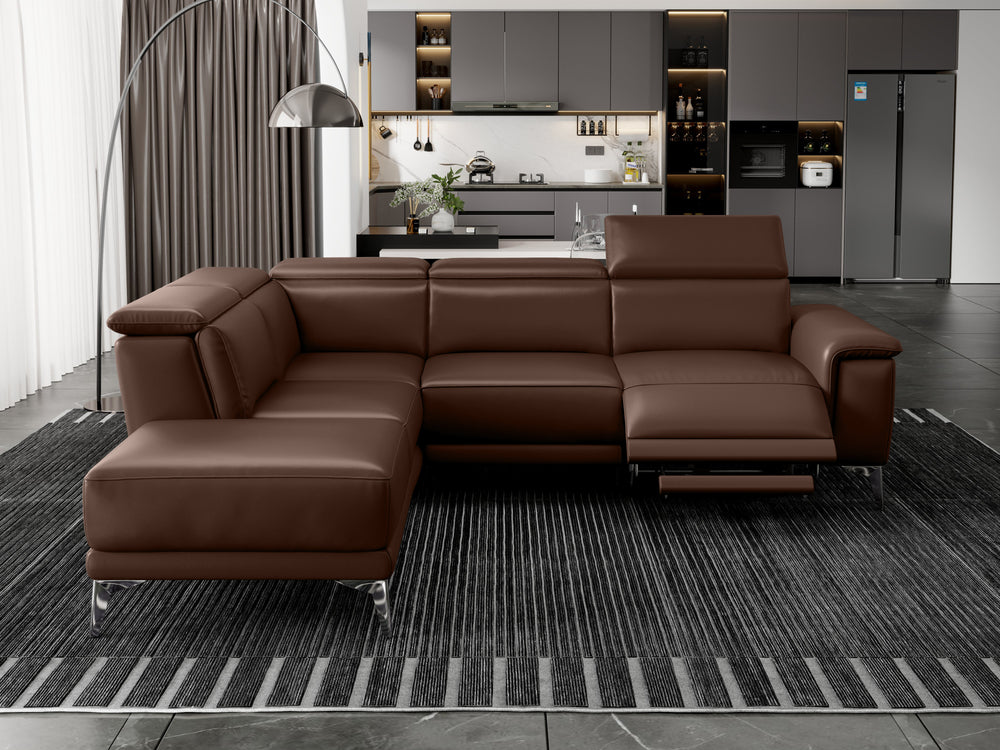 Valencia Pista Modern Top Grain Leather Reclining Sectional Sofa with Left-Hand Facing Chaise, Chocolate