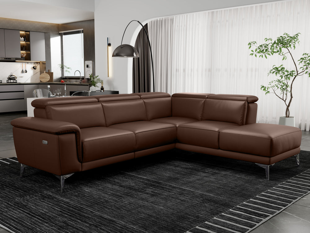 Valencia Pista Modern Top Grain Leather Reclining Sectional Sofa with Right-Hand Facing Chaise, Chocolate