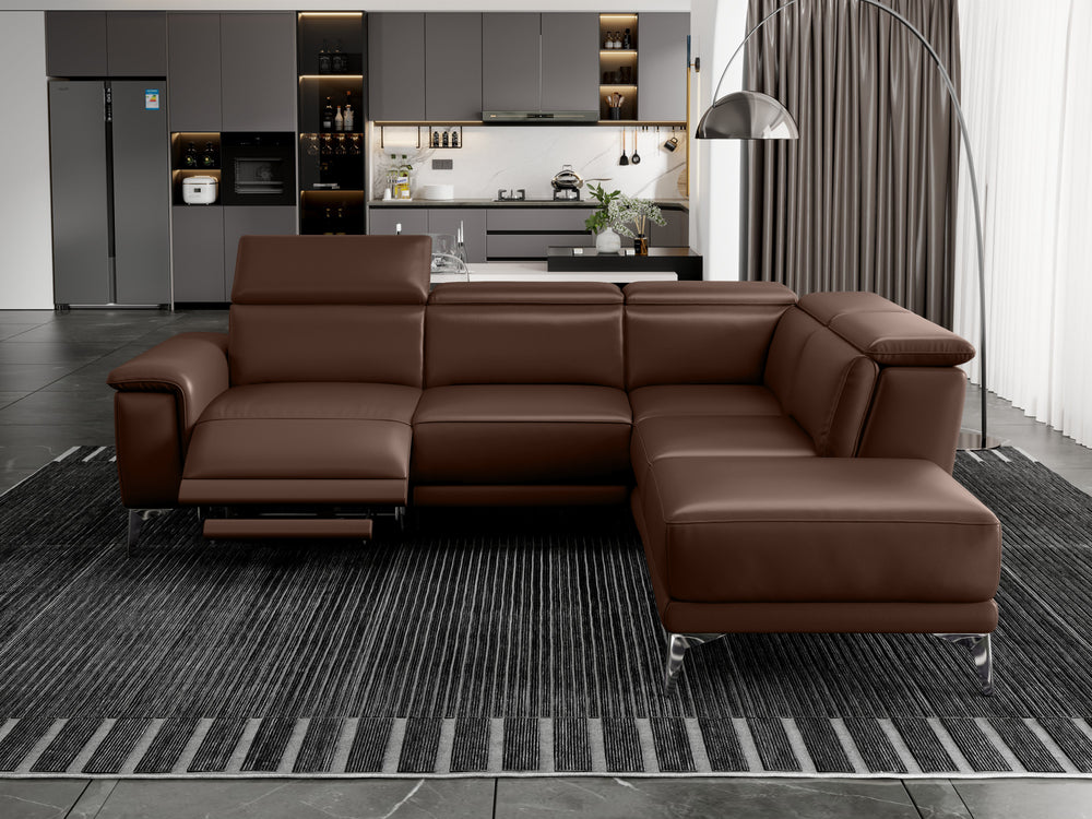 Valencia Pista Modern Top Grain Leather Reclining Sectional Sofa with Right-Hand Facing Chaise, Chocolate