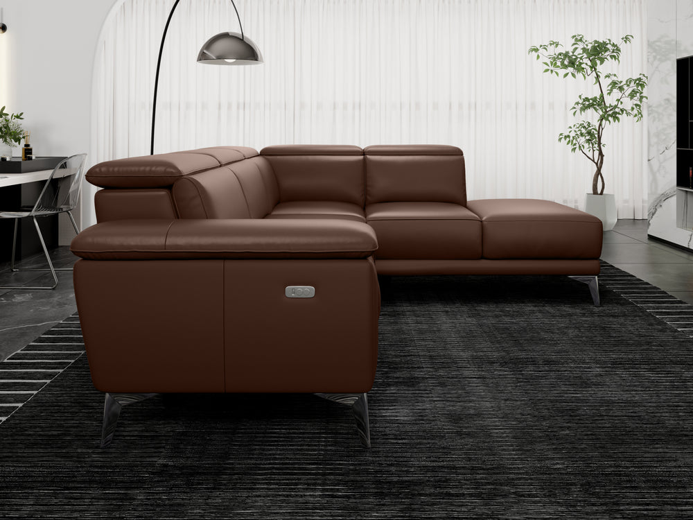 Valencia Pista Modern Top Grain Leather Reclining Sectional Sofa with Right-Hand Facing Chaise, Chocolate