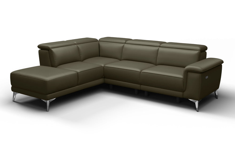 Valencia Pista Modern Top Grain Leather Reclining Sectional Sofa with Left-Hand Facing Chaise, Dark Green