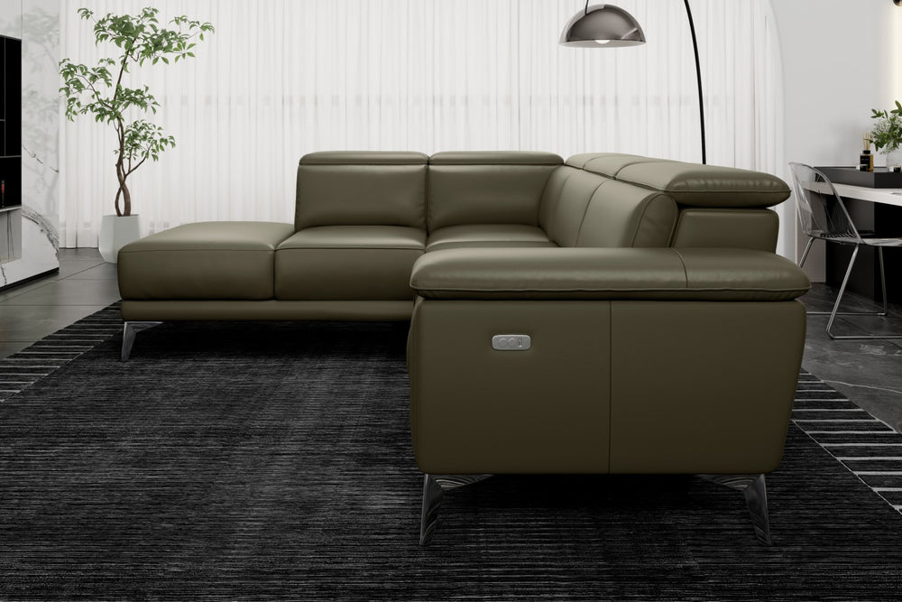 Valencia Pista Modern Top Grain Leather Reclining Sectional Sofa with Left-Hand Facing Chaise, Dark Green