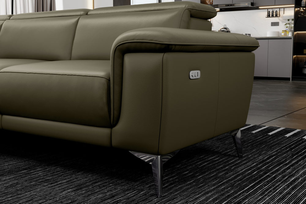 Valencia Pista Modern Top Grain Leather Reclining Sectional Sofa with Left-Hand Facing Chaise, Dark Green