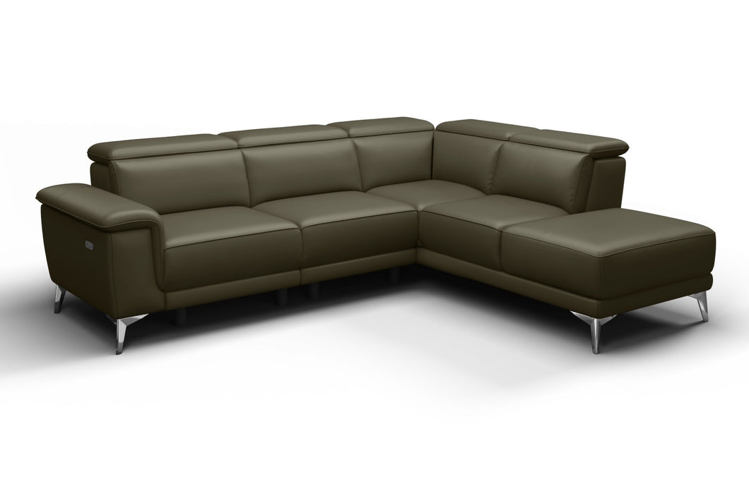 Valencia Pista Modern Top Grain Leather Reclining Sectional Sofa with Right-Hand Facing Chaise, Dark Green