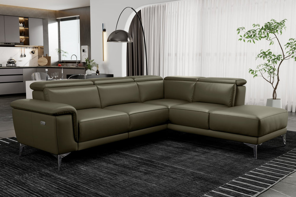 Valencia Pista Modern Top Grain Leather Reclining Sectional Sofa with Right-Hand Facing Chaise, Dark Green