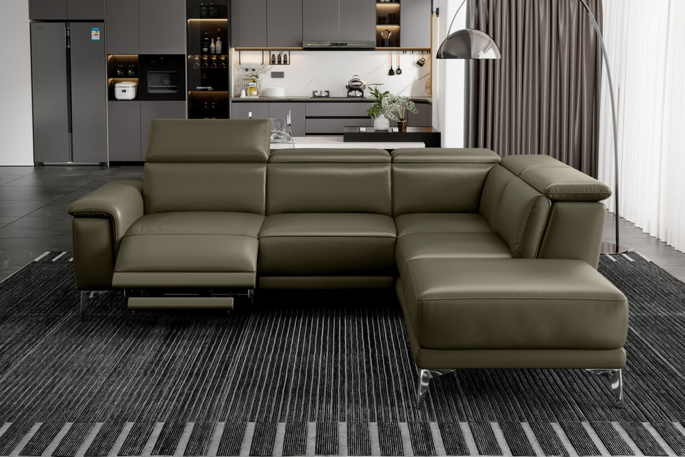 Valencia Pista Modern Top Grain Leather Reclining Sectional Sofa with Right-Hand Facing Chaise, Dark Green