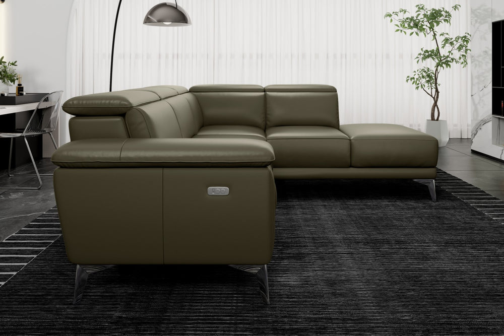 Valencia Pista Modern Top Grain Leather Reclining Sectional Sofa with Right-Hand Facing Chaise, Dark Green