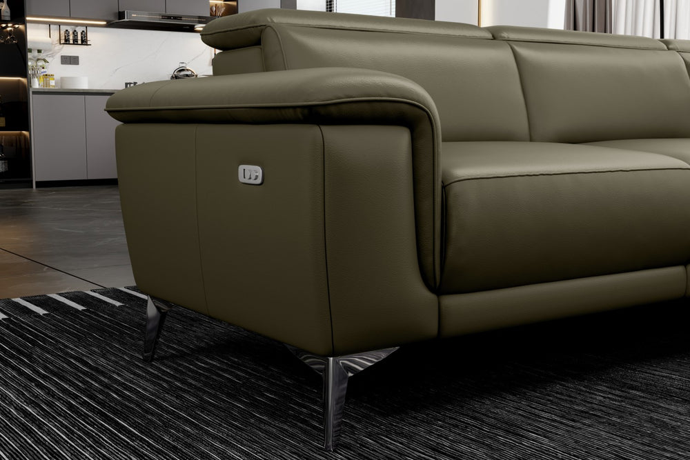 Valencia Pista Modern Top Grain Leather Reclining Sectional Sofa with Right-Hand Facing Chaise, Dark Green