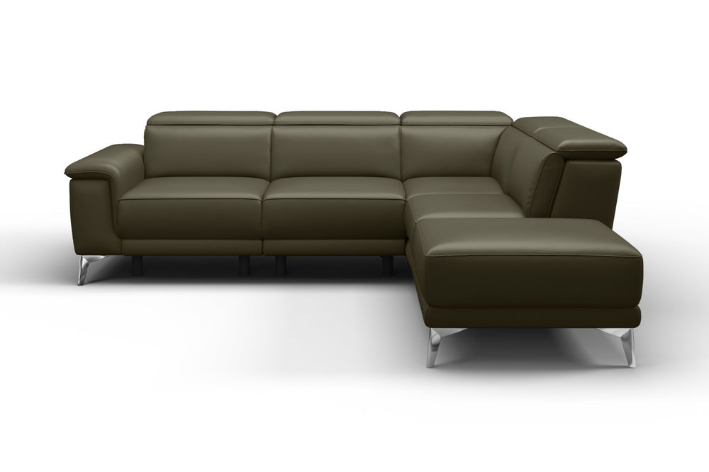 Valencia Pista Modern Top Grain Leather Reclining Sectional Sofa with Right-Hand Facing Chaise, Dark Green