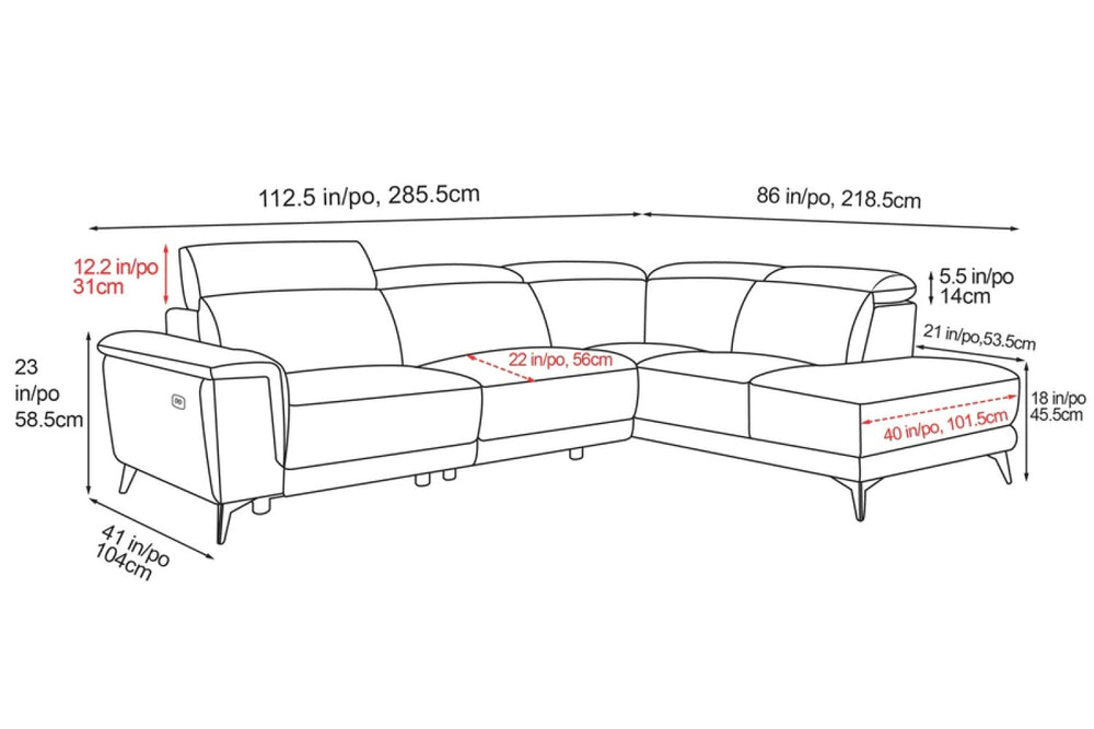 Valencia Pista Modern Fabric Reclining Sectional Sofa with Right-Hand Facing Chaise, Red