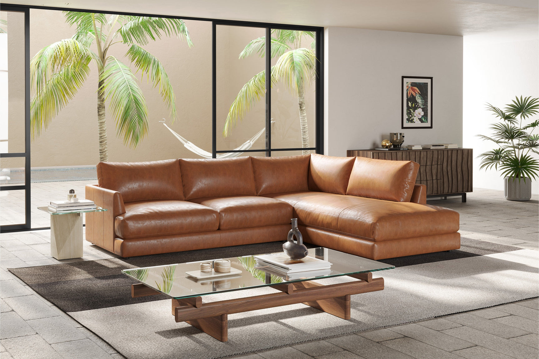Valencia Serena Leather L-shape with Right Chaise Sectional Sofa, Cognac