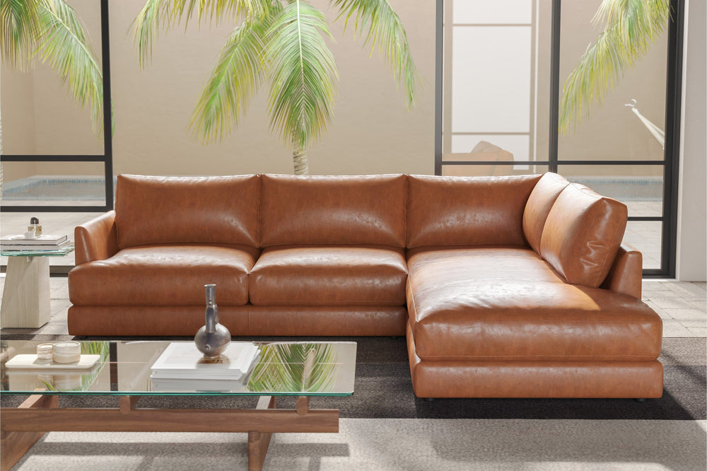 Valencia Serena Leather L-shape with Right Chaise Sectional Sofa, Cognac