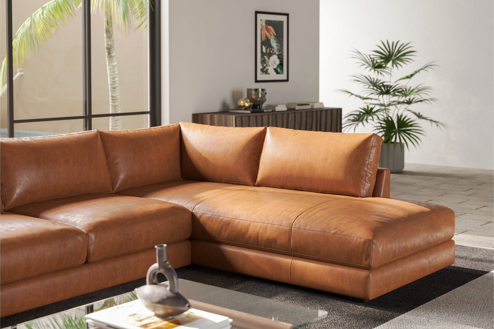 Valencia Serena Leather L-shape with Right Chaise Sectional Sofa, Cognac