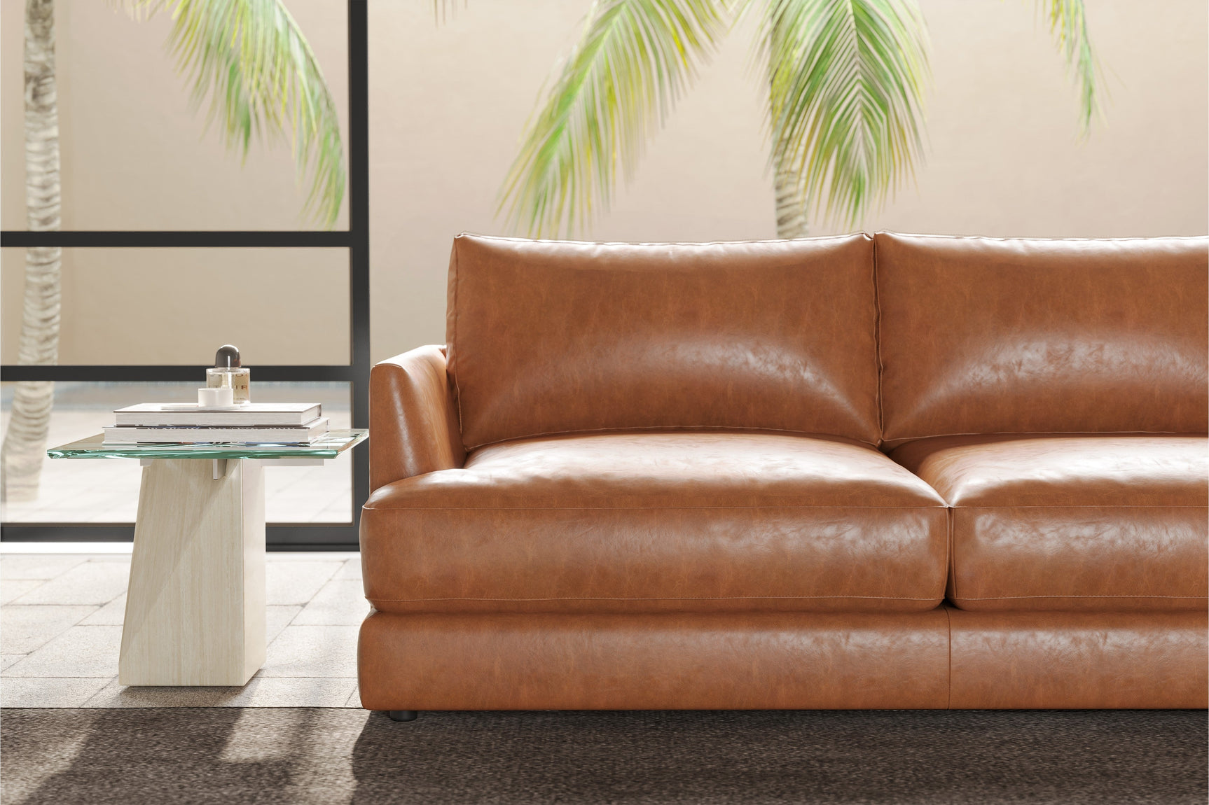 Valencia Serena Leather L-shape with Right Chaise Sectional Sofa, Cognac