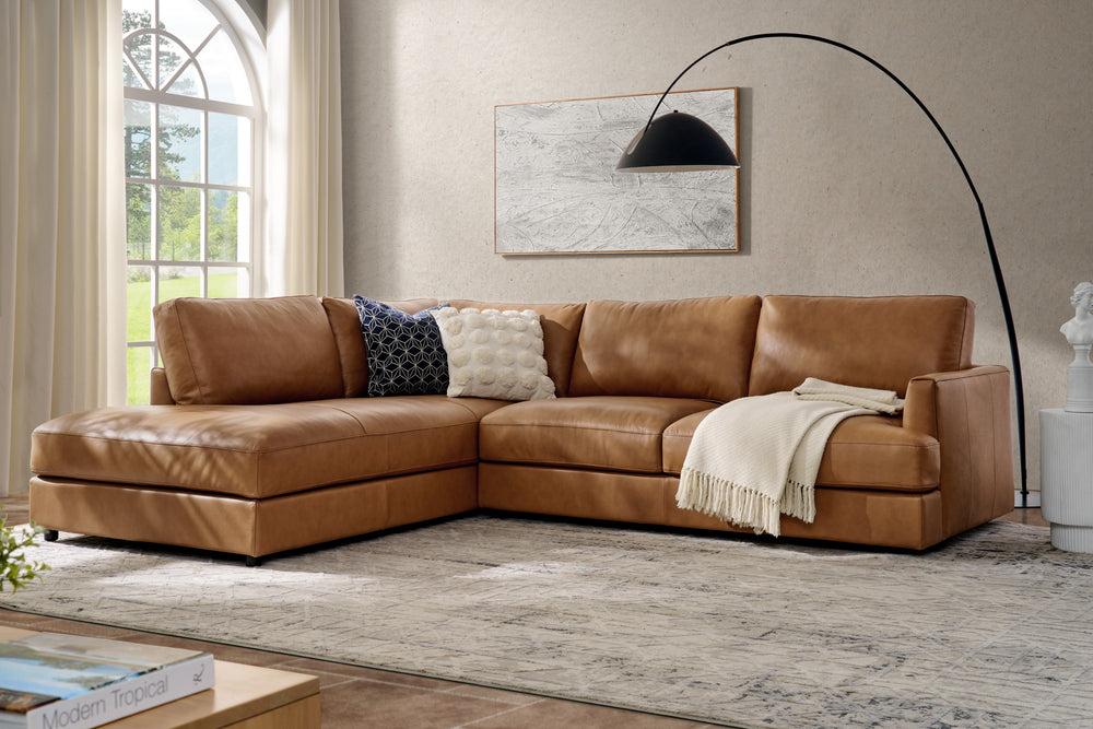 Valencia Serena Leather L-shape with Left Chaise Sectional Sofa, Cognac