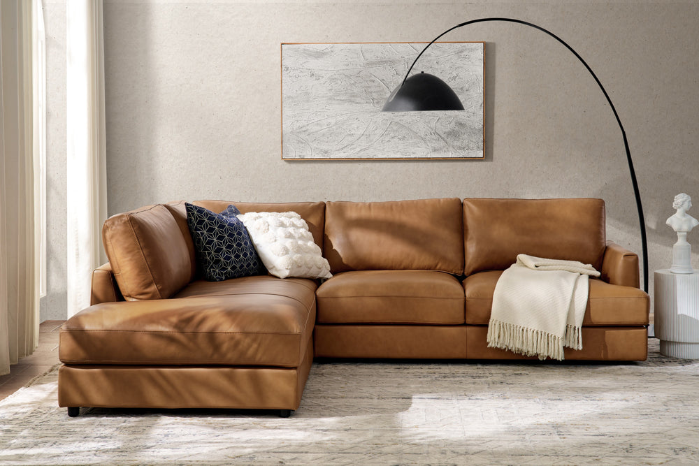 Valencia Serena Leather L-shape with Left Chaise Sectional Sofa, Cognac