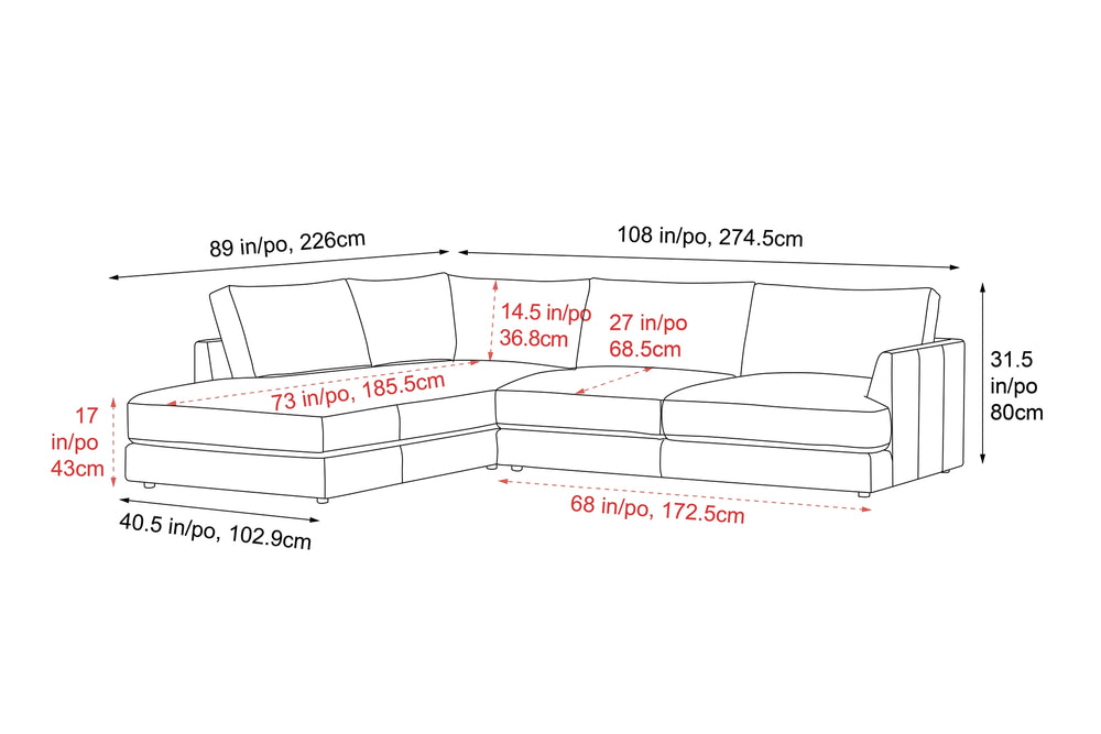 Valencia Serena Leather L-shape with Left Chaise Sectional Sofa, Cognac