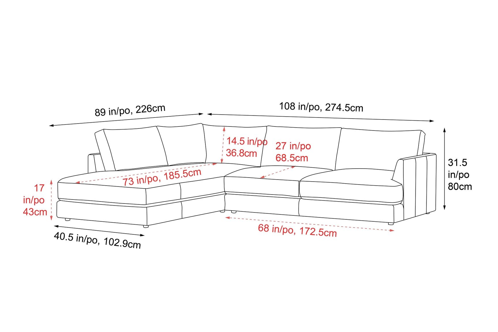 Valencia Serena Leather L-shape with Left Chaise Sectional Sofa, Cognac
