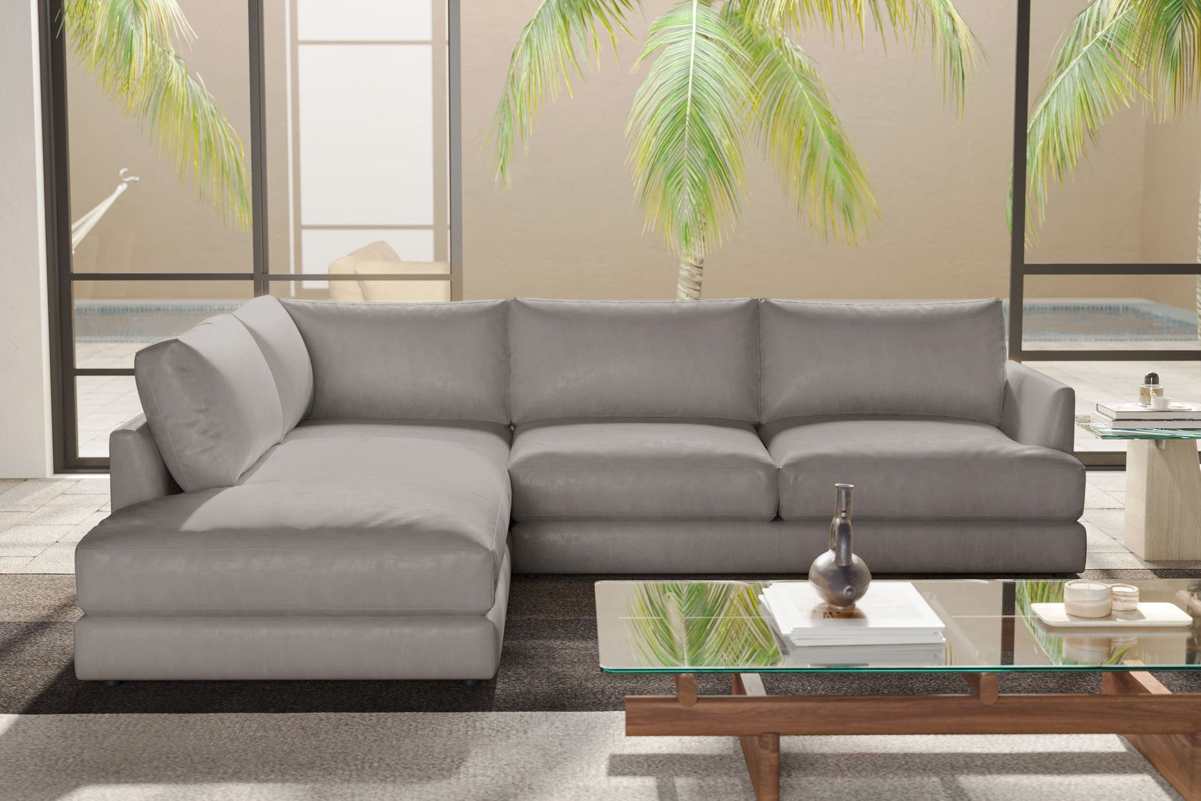 Valencia Serena Leather L-shape with Left Chaise Sectional Sofa, Light Grey