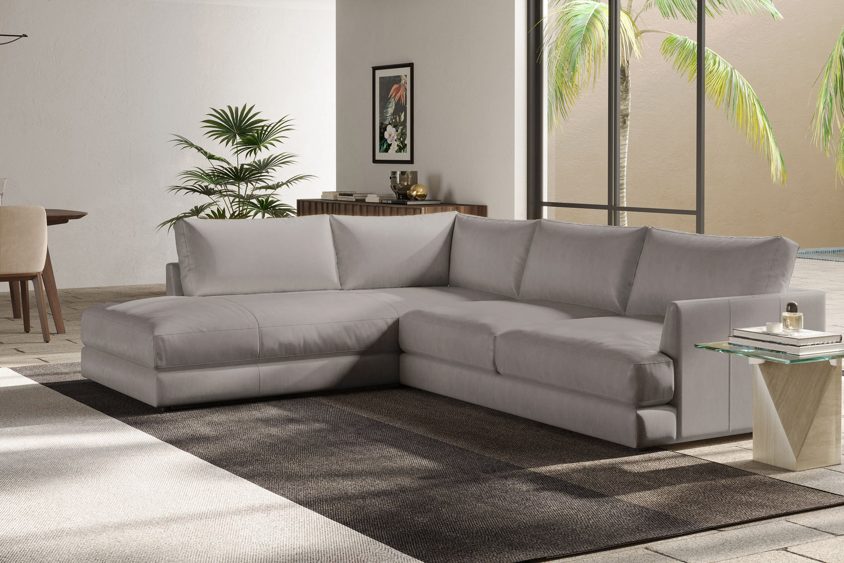 Valencia Serena Leather L-shape with Left Chaise Sectional Sofa, Light Grey