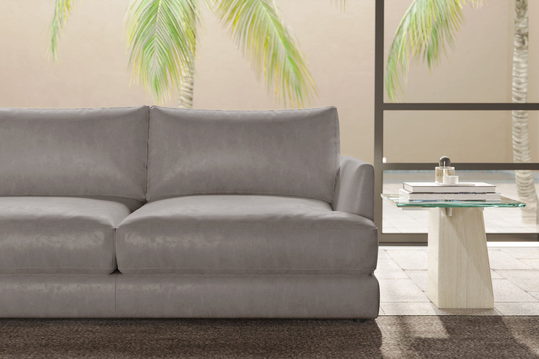 Valencia Serena Leather L-shape with Left Chaise Sectional Sofa, Light Grey