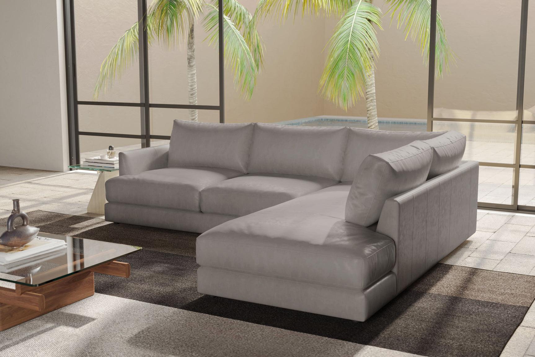 Valencia Serena Leather L-shape with Right Chaise Sectional Sofa, Light Grey