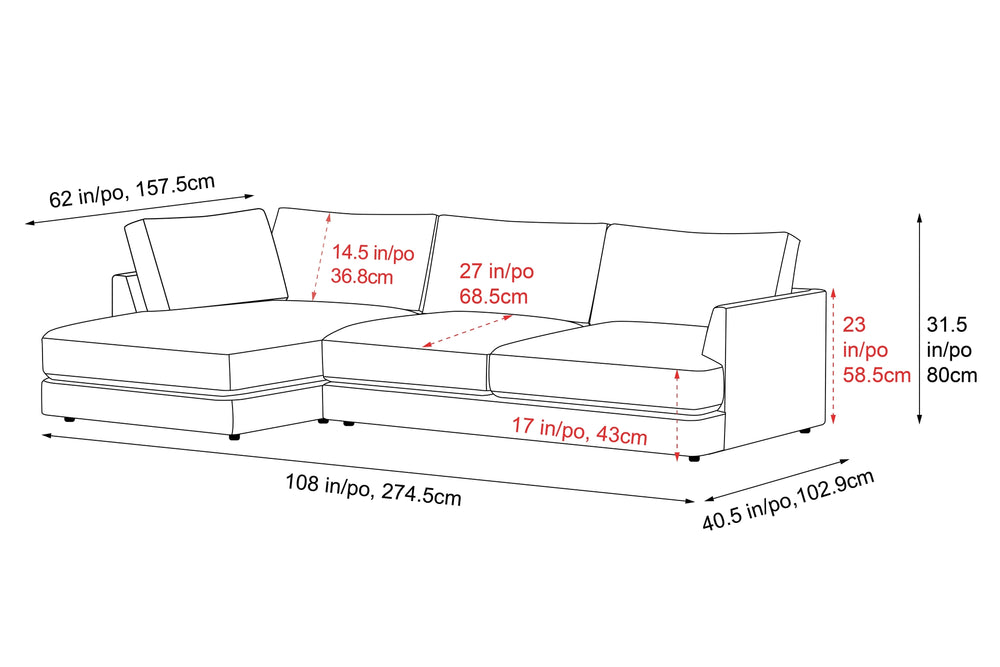 Valencia Serena Leather Three Seats with Left Chaise Sectional Sofa, Cognac