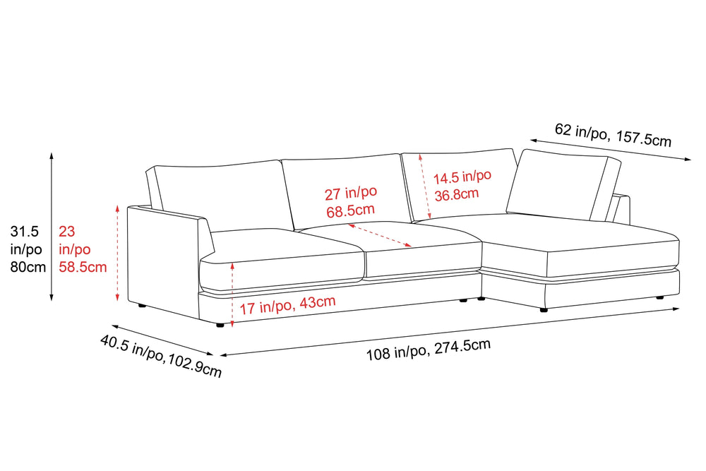 Valencia Serena Leather Three Seats with Right Chaise Sectional Sofa, Cognac