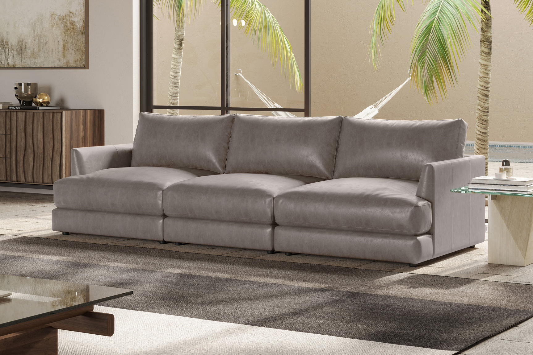 Valencia Serena Leather Three Seats Sectional Sofa, Light Grey