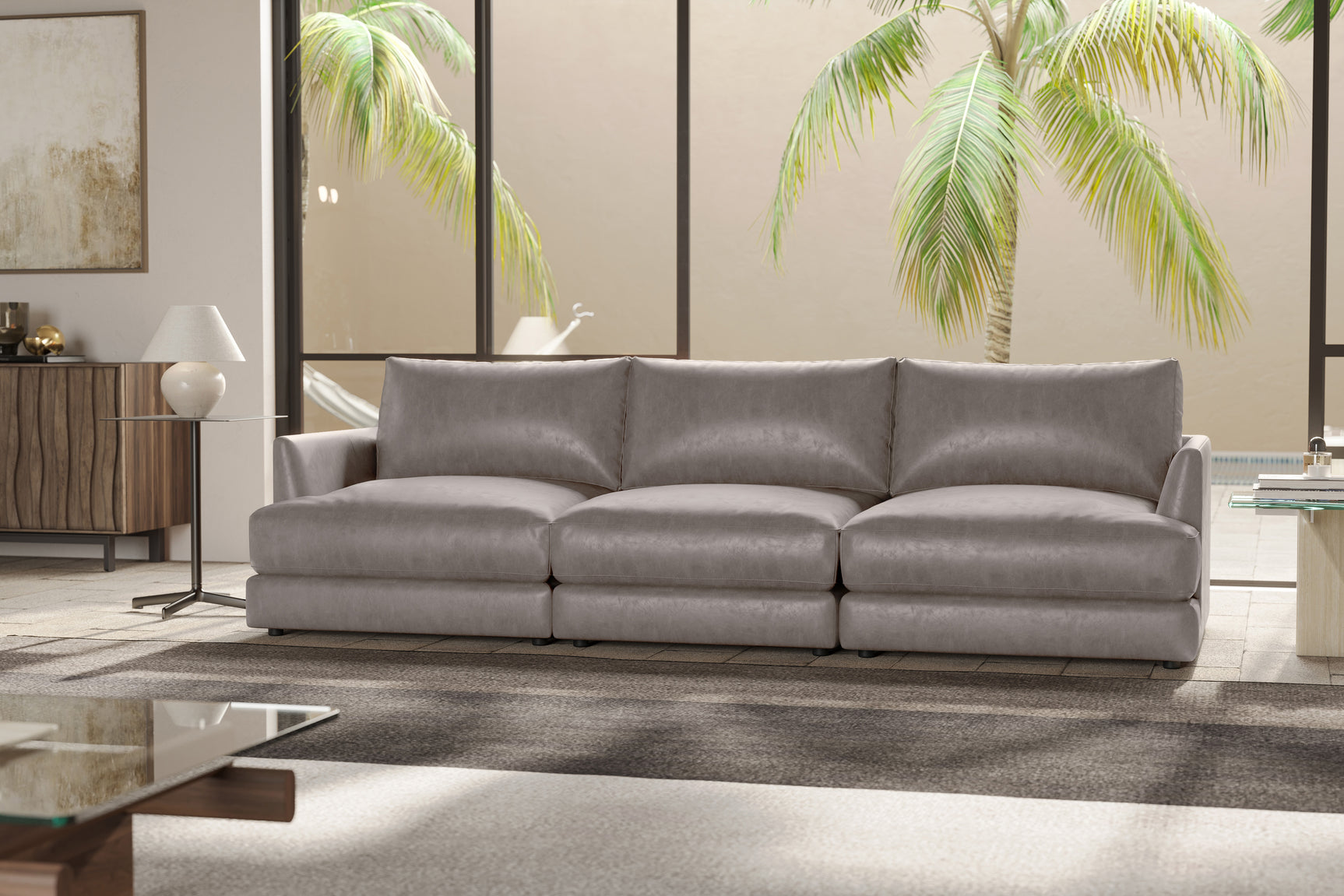 Valencia Serena Leather Three Seats Sectional Sofa, Light Grey