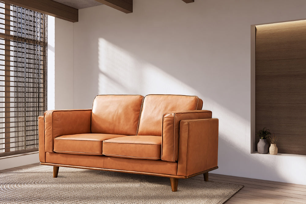 Valencia Artisan Top Grain Leather Loveseat Sofa, Cognac Color