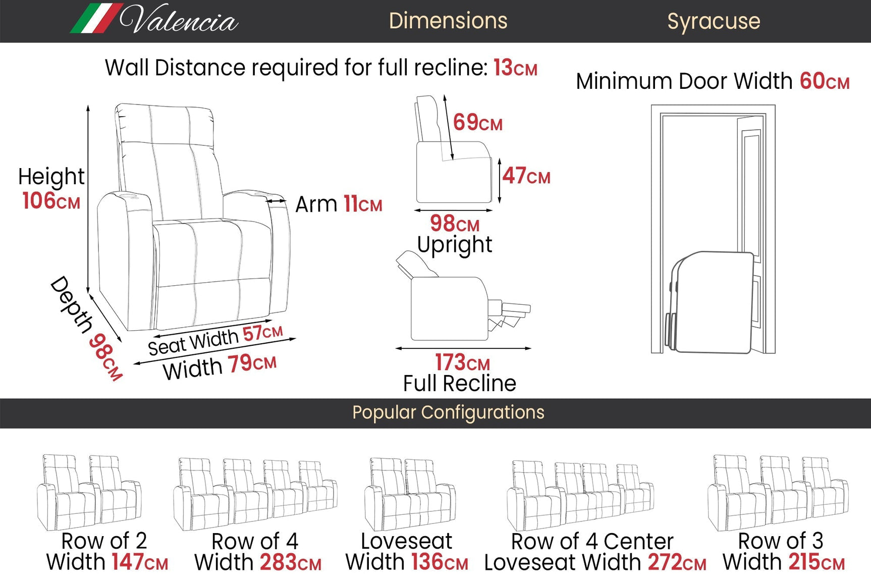 Valencia Syracuse Home Cinema Seating Row of 3 Black