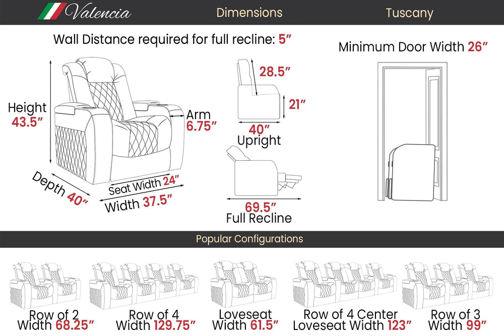 Valencia Tuscany Heat & Massage Home Theater Seating Row of 3 Loveseat Left Black