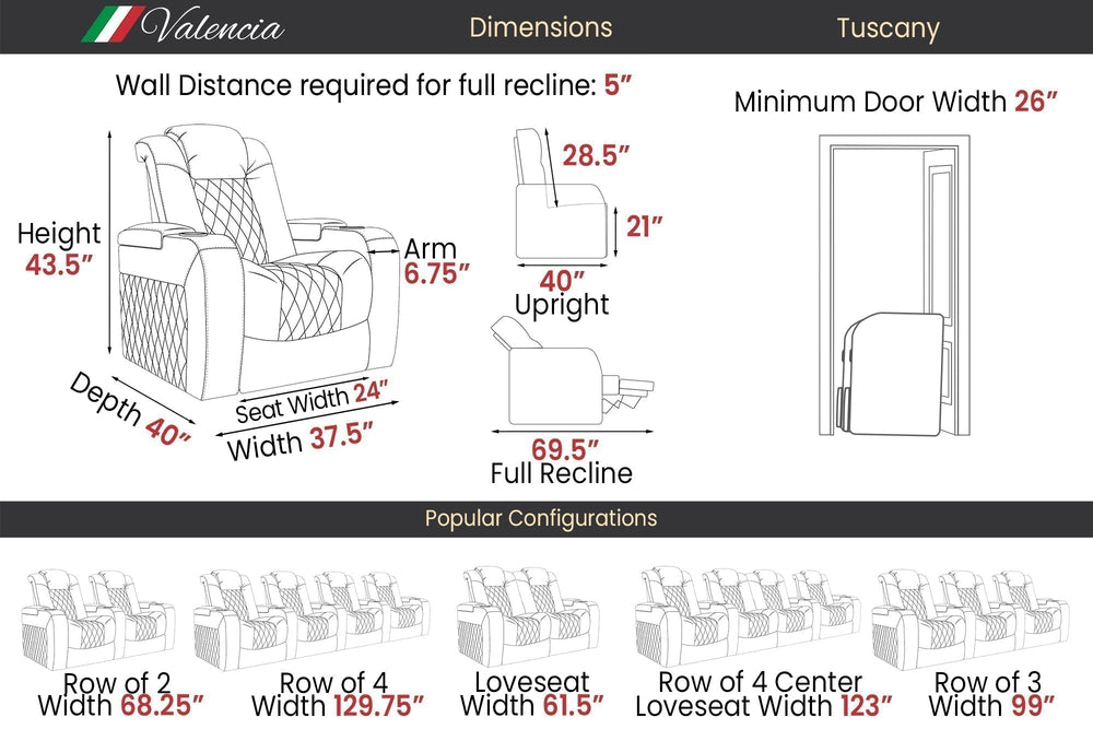 Valencia Tuscany Heat & Massage Home Theater Seating Row of 5 Loveseat Left Black