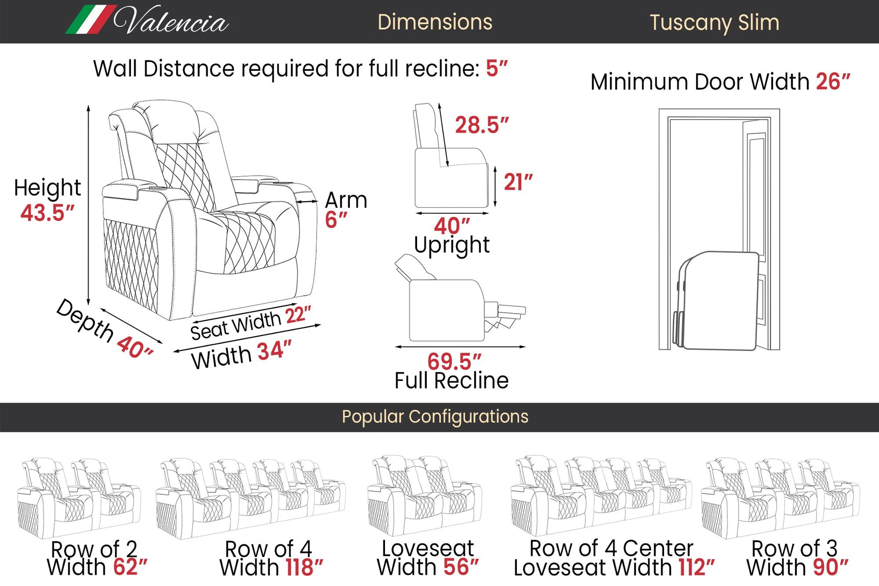 Valencia Tuscany Slim Home Theater Seating Row of 2 Loveseat Midnight Black