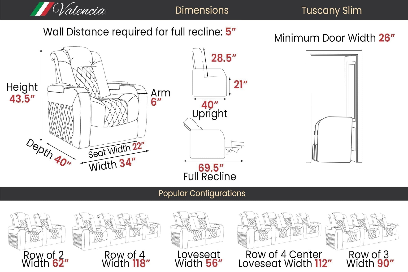 Valencia Tuscany Slim Home Theater Seating Row of 4 Loveseat Left Midnight Black