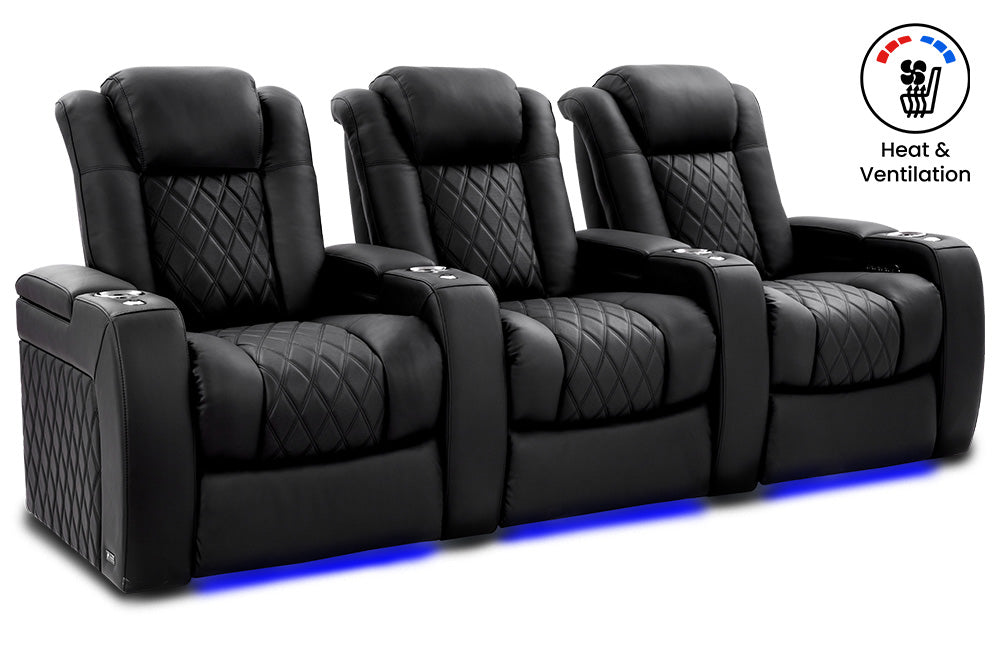 Valencia Tuscany Ultimate Luxury Heat & Ventilation Leather Home Theater Seating Row of 3, Onyx