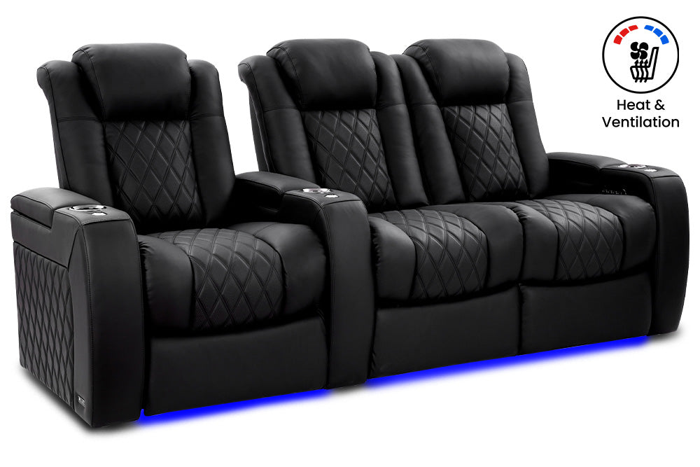 Valencia Tuscany Ultimate Luxury Heat & Ventilation Leather Home Theater Seating Row of 3 Loveseat Right, Onyx