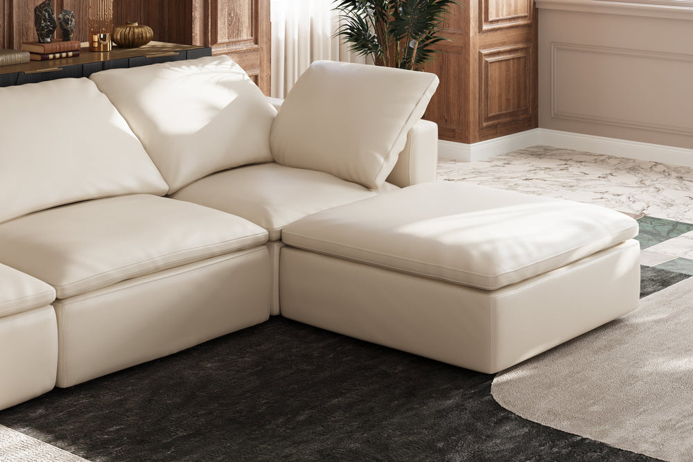 Valencia Claire Full-Aniline Leather Three Seats with 2 Ottomans Cloud Feel Sofa, Beige