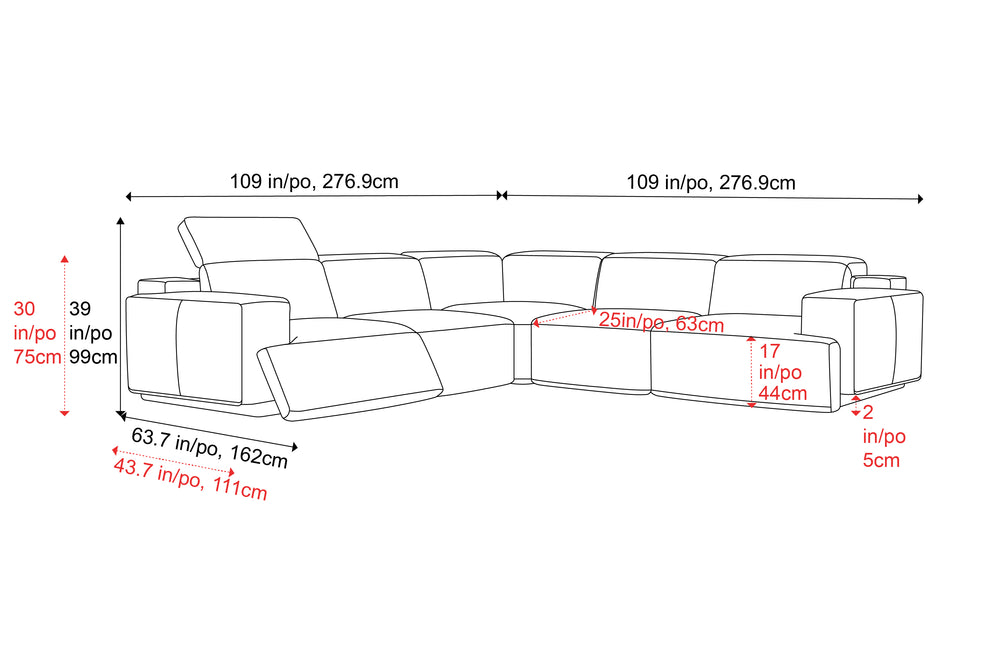 Valencia Valentina Leather Sectional L-Shape Recliner Sofa, Cognac