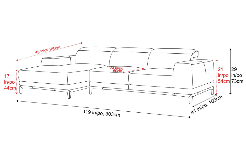 Valencia Valletta Top Grain Leather Three Seats with Left Chaise Sofa, Dark Brown