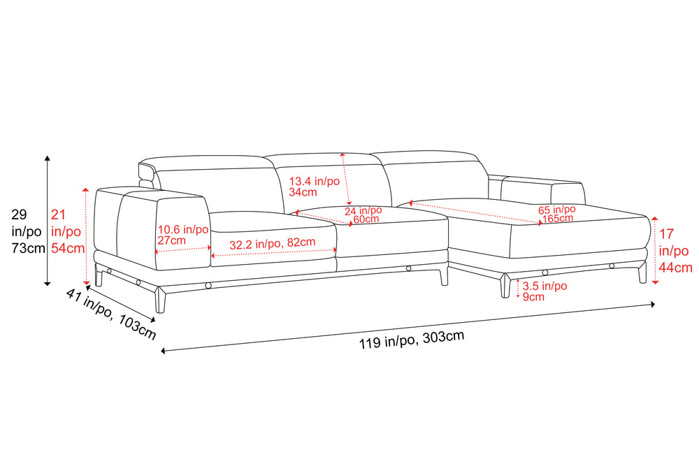 Valencia Valletta Top Grain Leather Three Seats with Right Chaise Sofa, Black