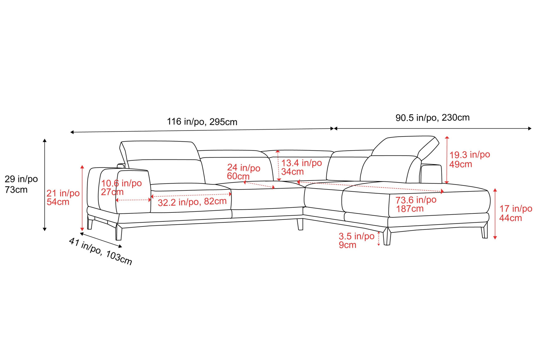 Valletta Sectional Leather Sofa, L-Shape & Right Chaise, Dark Brown