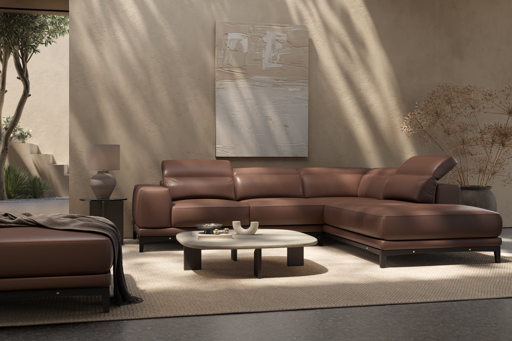 Valletta Sectional Leather Sofa, L-Shape & Right Chaise, Dark Brown