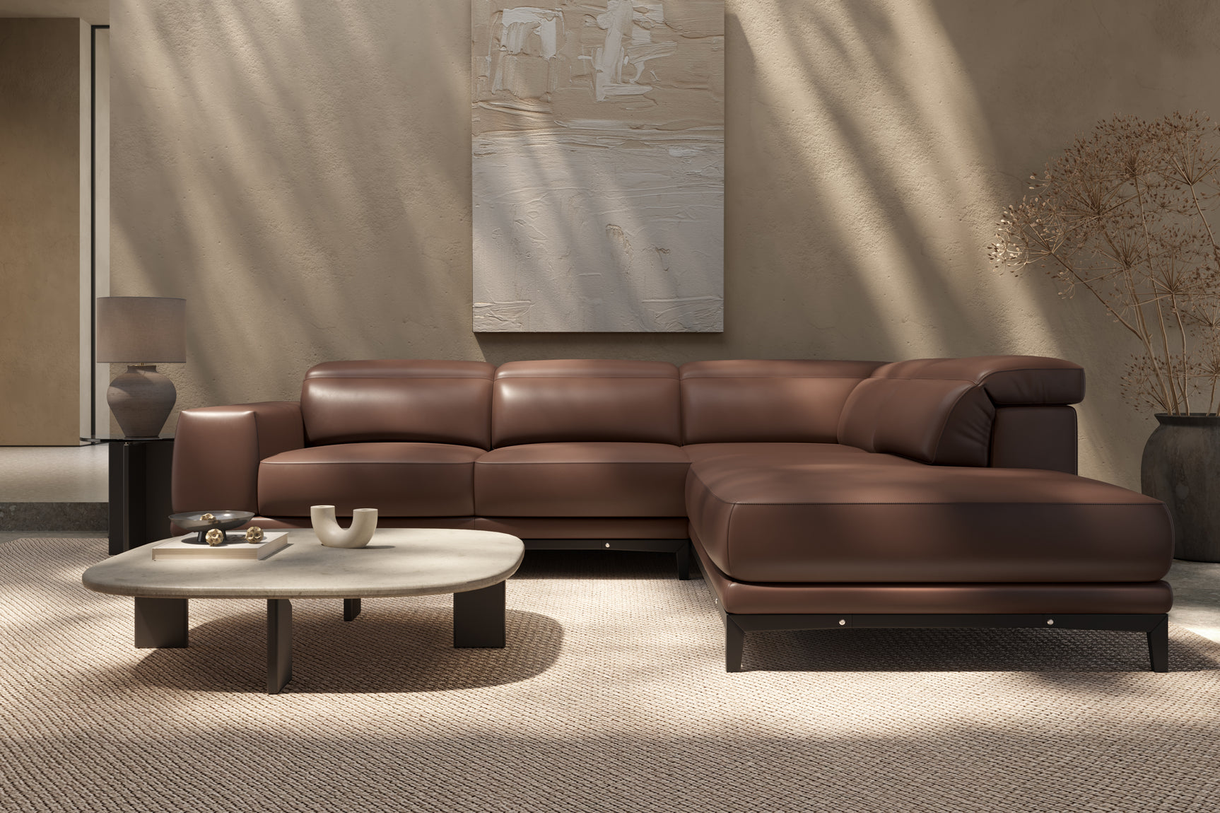 Valletta Sectional Leather Sofa, L-Shape & Right Chaise, Dark Brown