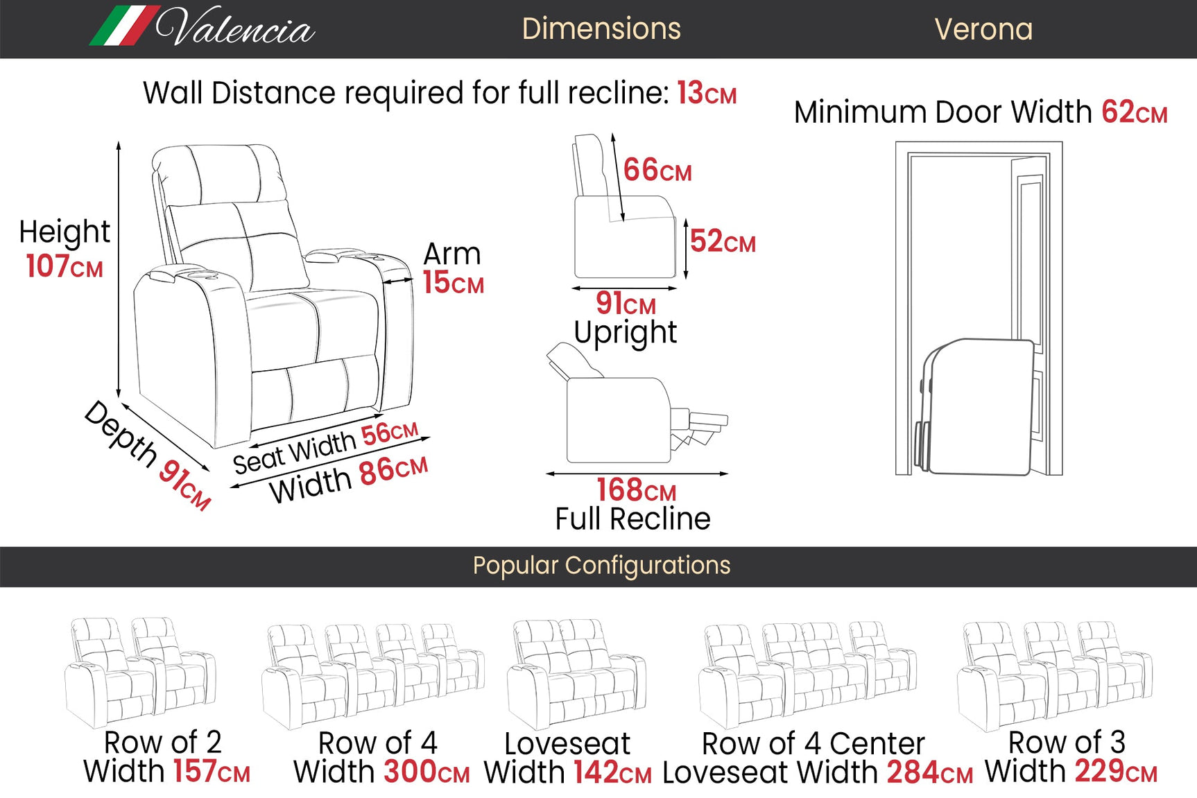 Valencia Verona Power Headrest Single Cinema Seating