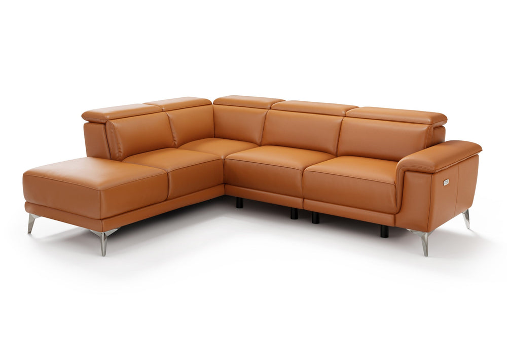 Valencia Pista Modern Top Grain Leather Reclining Sectional Sofa with Left-Hand Facing Chaise, Cognac