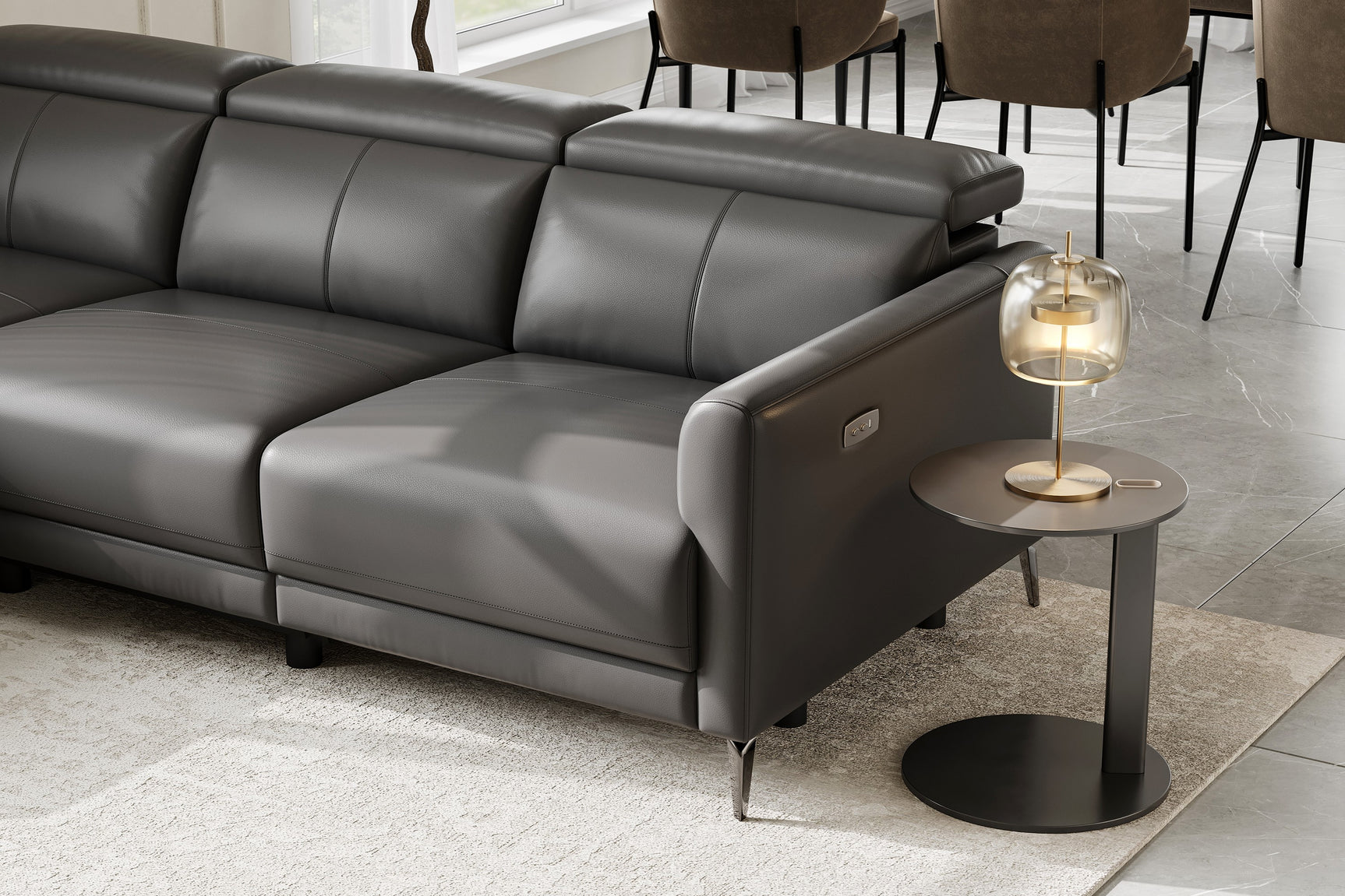 Valencia Andria Modern Left Hand Facing Top Grain Leather Reclining Sectional, Grey
